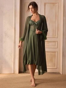 Charlaine 2pcs/Set Fishbone Design Waist Lace Camisole Nightgown + Floral Trim Wide Sleeve Mesh Robe - Army Green - View 3