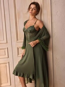 Charlaine 2pcs/Set Fishbone Design Waist Lace Camisole Nightgown + Floral Trim Wide Sleeve Mesh Robe - Army Green - View 5