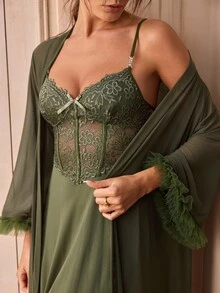 Charlaine 2pcs/Set Fishbone Design Waist Lace Camisole Nightgown + Floral Trim Wide Sleeve Mesh Robe - Army Green - View 4