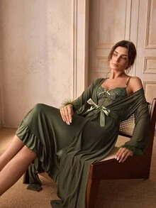 Charlaine 2pcs/Set Fishbone Design Waist Lace Camisole Nightgown + Floral Trim Wide Sleeve Mesh Robe - Army Green - View 2
