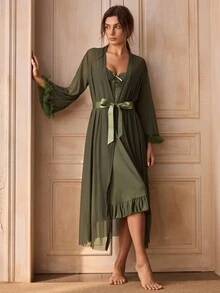 Charlaine 2pcs/Set Fishbone Design Waist Lace Camisole Nightgown + Floral Trim Wide Sleeve Mesh Robe - Army Green - View 6