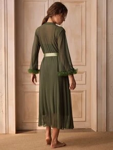 Charlaine 2pcs/Set Fishbone Design Waist Lace Camisole Nightgown + Floral Trim Wide Sleeve Mesh Robe - Army Green - View 7