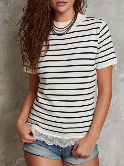 Franclia Suéter de mujer de nueva llegada para primavera/verano, top de punto con bloques de color a rayas blancas y negras, parche de encaje de manga corta, estilo casual y elegante coreano/francés