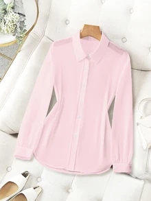 Franclia Collar Basic Transparent Solid Color Minimalist Shirt - Pink - View 4