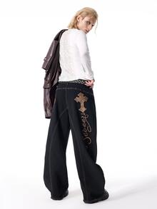 ROMWE MEN Goth Men's Letter Cross Pattern Casual Denim Jeans - Black - View 2
