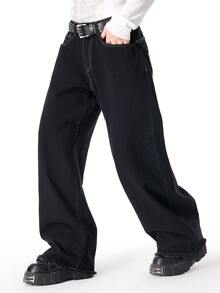 ROMWE MEN Goth Men's Letter Cross Pattern Casual Denim Jeans - Black - View 8