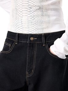 ROMWE MEN Goth Men's Letter Cross Pattern Casual Denim Jeans - Black - View 6