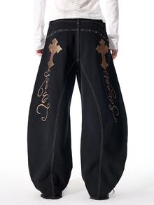 ROMWE MEN Goth Men's Letter Cross Pattern Casual Denim Jeans - Black - View 1