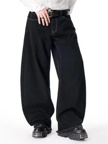 ROMWE MEN Goth Men's Letter Cross Pattern Casual Denim Jeans - Black - View 7