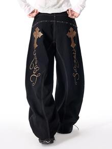 ROMWE MEN Goth Men's Letter Cross Pattern Casual Denim Jeans - Black - View 9