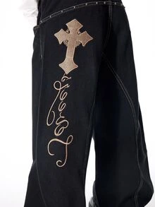 ROMWE MEN Goth Men's Letter Cross Pattern Casual Denim Jeans - Black - View 11