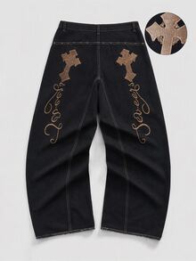 ROMWE MEN Goth Men's Letter Cross Pattern Casual Denim Jeans - Black - View 10
