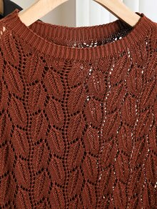 Lacomfia Plus Size Women Solid Color Round Neck Short Sleeve Hollow Out Knit Top - Brown - View 4