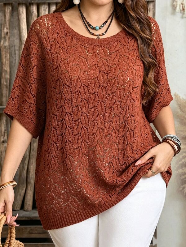 Lacomfia Top de punto de manga corta con cuello redondo y calado, color liso, para mujer de talla grande