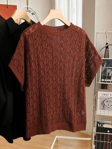 Lacomfia Plus Size Women Solid Color Round Neck Short Sleeve Hollow Out Knit Top - Brown - View 3