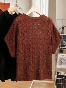 Lacomfia Plus Size Women Solid Color Round Neck Short Sleeve Hollow Out Knit Top - Brown - View 2