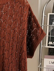 Lacomfia Plus Size Women Solid Color Round Neck Short Sleeve Hollow Out Knit Top - Brown - View 5
