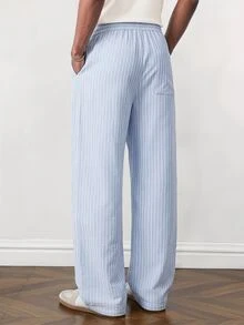 NORVETH Men's Drawstring Waist Striped Letter Embroidered Straight Leg Loose Casual Long Pants - Blue - View 3