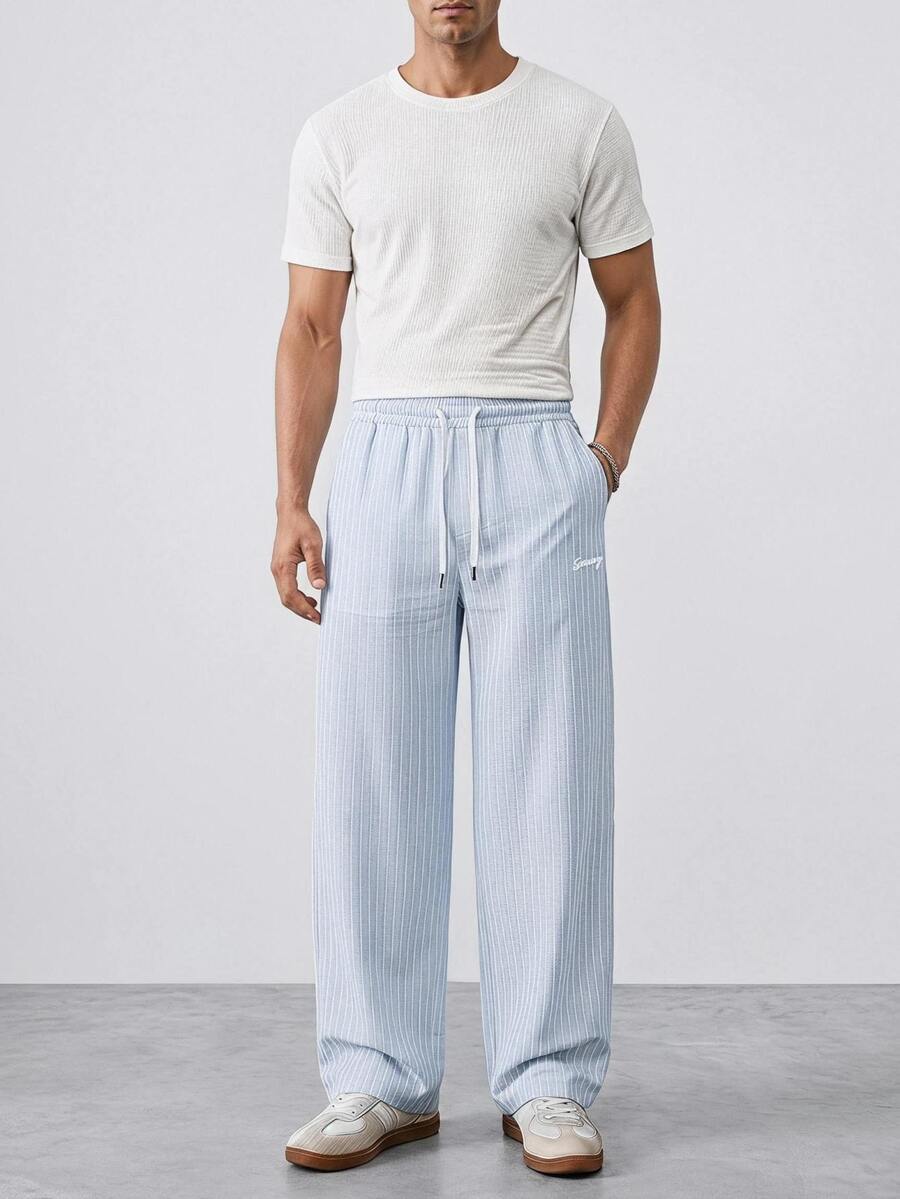 NORVETH Men's Drawstring Waist Striped Letter Embroidered Straight Leg Loose Casual Long Pants - Blue - View 1