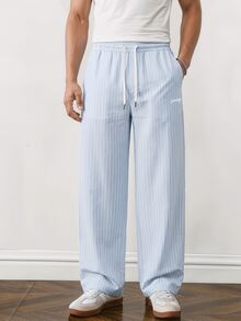 NORVETH Men's Drawstring Waist Striped Letter Embroidered Straight Leg Loose Casual Long Pants - Blue - View 2