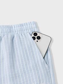 NORVETH Men's Drawstring Waist Striped Letter Embroidered Straight Leg Loose Casual Long Pants - Blue - View 5
