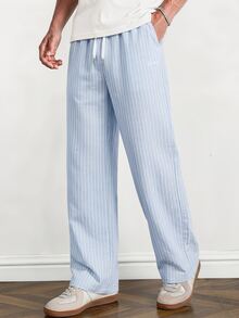 NORVETH Men's Drawstring Waist Striped Letter Embroidered Straight Leg Loose Casual Long Pants - Blue - View 7