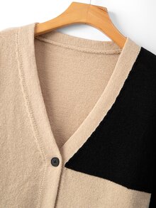 EMERY ROSE Cardigan Wanita Ukuran Besar Kasual Lembut Serbaguna Leher V Motif Kotak-kotak Warna Kontras Lengan Panjang Kancing Depan Formal Kantor Beige Musim Dingin - MultiWarna - View 4