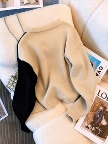 EMERY ROSE Cardigan Wanita Ukuran Besar Kasual Lembut Serbaguna Leher V Motif Kotak-kotak Warna Kontras Lengan Panjang Kancing Depan Formal Kantor Beige Musim Dingin - MultiWarna - View 2