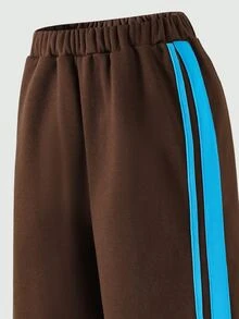 SHEIN 青少年女孩秋季返校兩件套復古咖啡棕色側邊藍條紋貼帶小馬印花拉鍊立領寬腿褲 - 彩色 - 查看 5