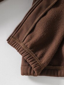 SHEIN 青少年女孩秋季返校兩件套復古咖啡棕色側邊藍條紋貼帶小馬印花拉鍊立領寬腿褲 - 彩色 - 查看 6
