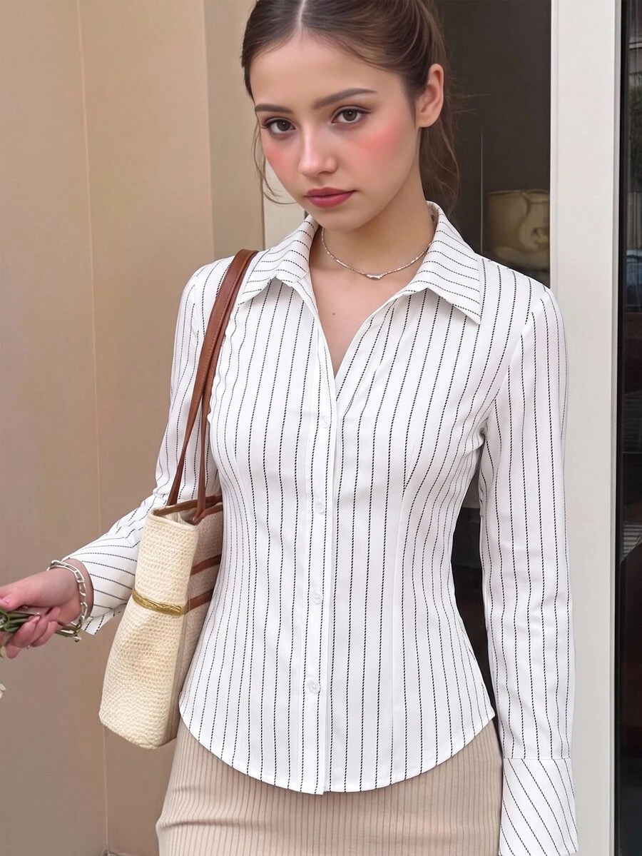 SHEIN 青少年女孩印花修身鈕扣長袖休閒襯衫,秋季青少年女孩服飾,長袖上衣 - 白色 - 查看 1