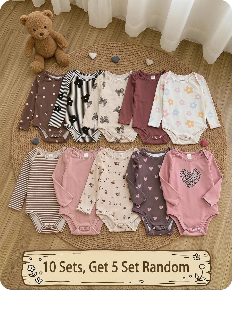 SHEIN (10pcs Sets, Get 5 Set Random)Baby Girl Cute Knitted Floral & Striped Pattern Long Sleeve Autumn Romper Set - Multicolor - View 1