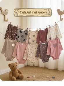 SHEIN (10pcs Sets, Get 5 Set Random)Baby Girl Cute Knitted Floral & Striped Pattern Long Sleeve Autumn Romper Set - Multicolor - View 3