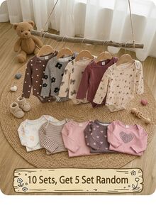 SHEIN (10pcs Sets, Get 5 Set Random)Baby Girl Cute Knitted Floral & Striped Pattern Long Sleeve Autumn Romper Set - Multicolor - View 5