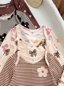 SHEIN (10pcs Sets, Get 5 Set Random)Baby Girl Cute Knitted Floral & Striped Pattern Long Sleeve Autumn Romper Set - Multicolor - View 6
