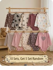 SHEIN (10pcs Sets, Get 5 Set Random)Baby Girl Cute Knitted Floral & Striped Pattern Long Sleeve Autumn Romper Set - Multicolor - View 2