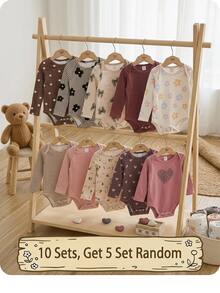 SHEIN (10pcs Sets, Get 5 Set Random)Baby Girl Cute Knitted Floral & Striped Pattern Long Sleeve Autumn Romper Set - Multicolor - View 4