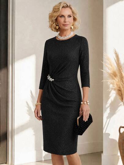 Miaspire Middle-Aged Women's Rhinestone Decorated Pleated Casual Party Dress