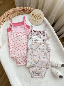 SHEIN 6件套女婴吊带连体衣，花朵爱心樱桃印花，无袖连体衣，适合夏季穿着。这款可爱的女婴夏季连体衣采用吊带设计，并有多种印花图案可供选择，包括花朵、樱桃和爱心。Happikins 可爱樱桃印花，“樱桃女孩”女婴休闲连体衣，适合春夏季节、休闲度假、海滩周末等场合，是夏季女婴的可爱夏季服装，韩版风格，海滩风情，夏季外出必备单品。 - 粉色 - 查看 6