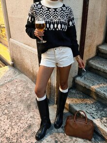 Autumina Sweater Longgar Leher Tinggi Jacquard Fair Isle Hitam Putih - MultiWarna - View 5