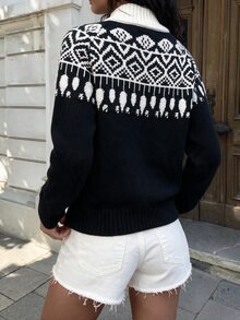 Autumina Sweater Longgar Leher Tinggi Jacquard Fair Isle Hitam Putih - MultiWarna - View 2