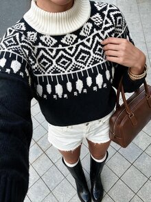 Autumina Sweater Longgar Leher Tinggi Jacquard Fair Isle Hitam Putih - MultiWarna - View 1