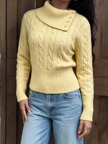 Flirla Sweater Pullover Kasual Wanita Warna Kuning dengan Kerah Rajutan Klasik, Cocok untuk Perjalanan Musim Gugur/Dingin - Kuning - View 3
