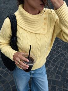 Flirla Sweater Pullover Kasual Wanita Warna Kuning dengan Kerah Rajutan Klasik, Cocok untuk Perjalanan Musim Gugur/Dingin - Kuning - View 5