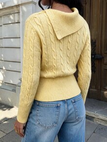 Flirla Sweater Pullover Kasual Wanita Warna Kuning dengan Kerah Rajutan Klasik, Cocok untuk Perjalanan Musim Gugur/Dingin - Kuning - View 2
