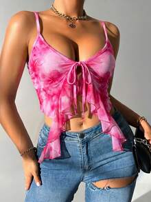Glamine Camiseta de mujer con volantes, parches de malla y estampado floral con lazo delantero - Rosa - Ver 4
