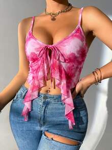 Glamine Camiseta de mujer con volantes, parches de malla y estampado floral con lazo delantero - Rosa - Ver 5
