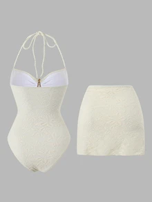 Swim Oasis Premium Special Fabric One-Piece Swimsuit With Metal Trim And Braided Rope Detail, Plus Cover-Up Skirt With Metal Starfish Accent, 2 Pieces Set - Beige - View 2