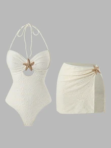 Swim Oasis Premium Special Fabric One-Piece Swimsuit With Metal Trim And Braided Rope Detail, Plus Cover-Up Skirt With Metal Starfish Accent, 2 Pieces Set - Beige - View 7