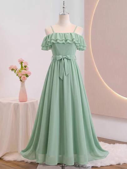 SHEIN Teen Girls Green Off-Shoulder Chiffon Full Skirt Elegant Dress, Lightweight And Soft Fabric, Suitable For Vacation, Graduation Ceremony, Back To School, Wedding Season, Various Balls And Formal Occasions